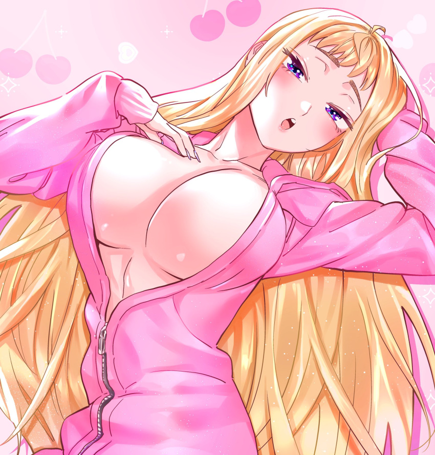 :o blonde_hair breasts breasts_day dosanko_gal_wa_namaramenkoi female fuyuki_minami good_breasts_day hand_on_own_chest hand_on_own_head highres ikada_kai jacket large_breasts long_hair looking_at_viewer lying naked_jacket official_art on_back open_clothes open_jacket open_mouth pink_background pink_jacket purple_eyes raised_eyebrows solo