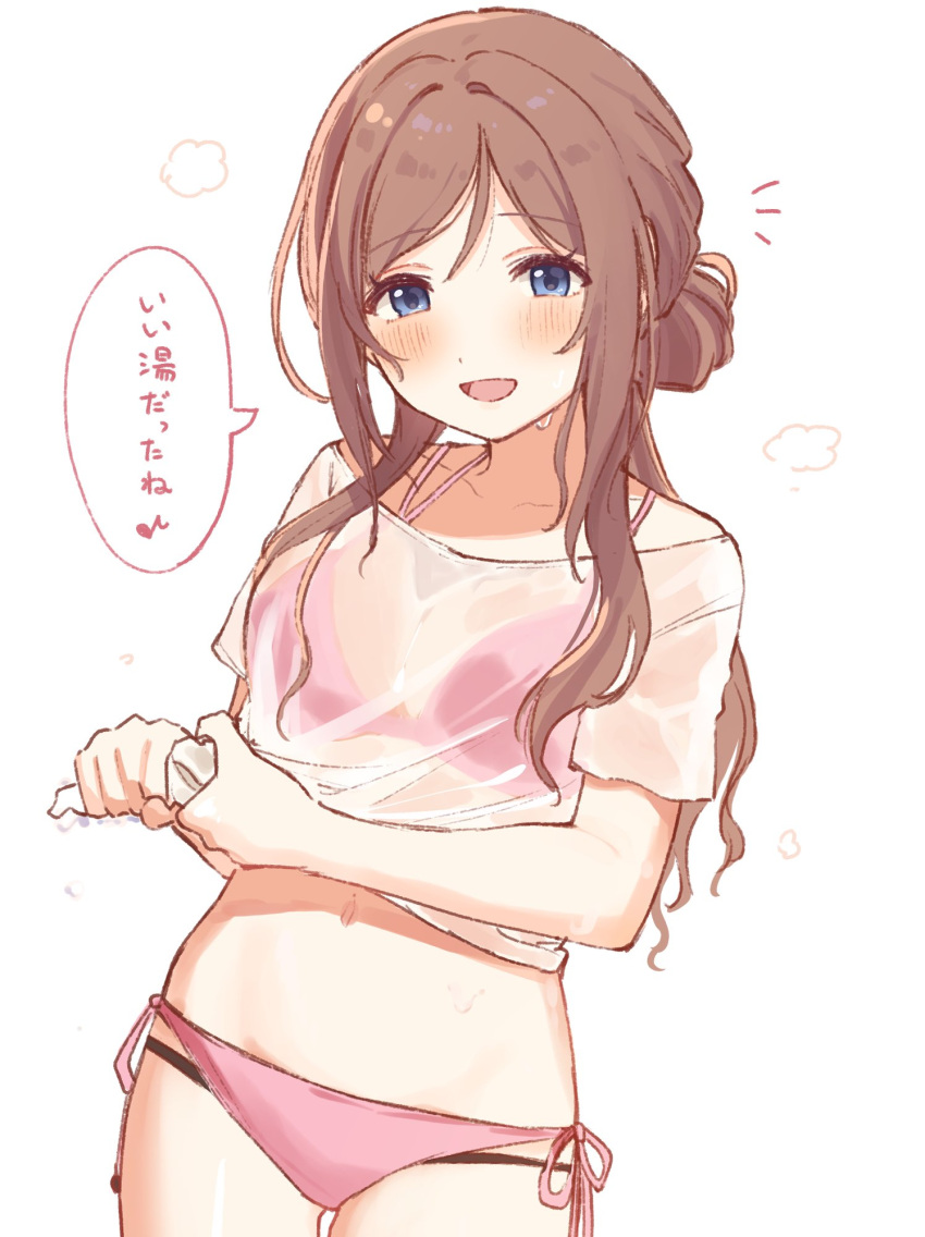 bikini blue_eyes blush breasts brown_hair collarbone commentary cowboy_shot dot_nose female gakuen_idolmaster highres himesaki_rinami idolmaster large_breasts long_hair looking_at_viewer mmmakaron888 navel open_mouth pink_bikini see-through_clothes see-through_shirt shirt short_sleeves side-tie_bikini_bottom simple_background smile solo speech_bubble standing swimsuit wet wet_clothes wet_shirt white_background white_shirt wringing_clothes