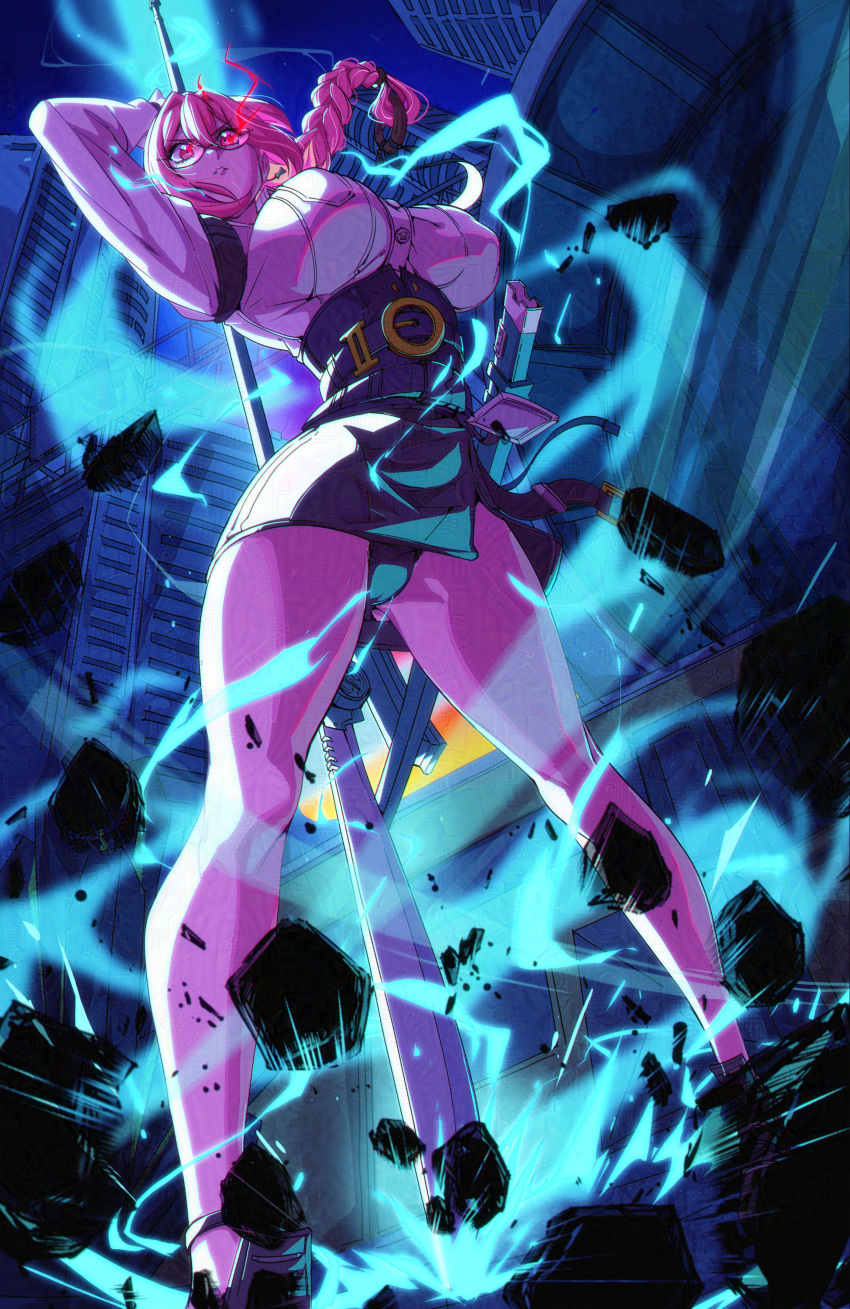 absurdres black_panties breasts electricity female glasses glowing glowing_eyes highleg highleg_panties highres holding holding_polearm holding_weapon incoming_attack large_breasts long_hair nisego panties pink_hair polearm thong tsukishiro_yanagi underwear upskirt weapon zenless_zone_zero