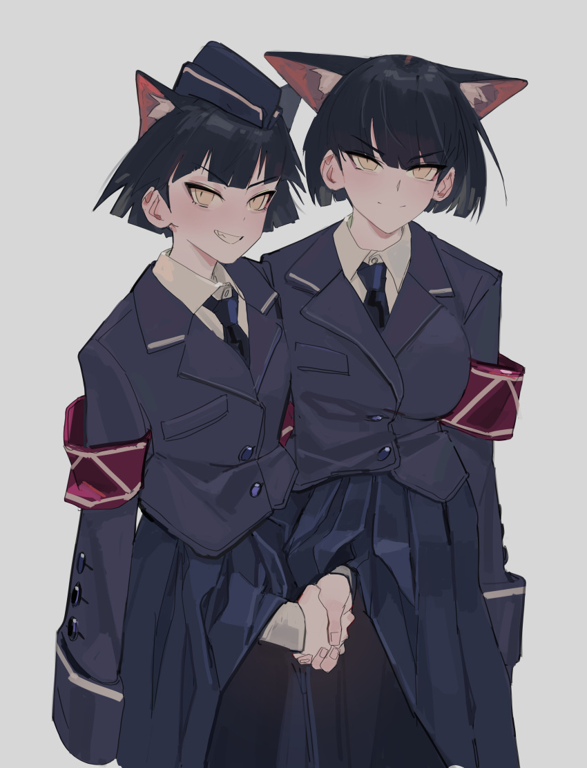 2girls absurdres animal_ears armband blue_jacket cat_ears cat_girl extra_ears garrison_cap grin handshake hat highres jacket looking_at_viewer military_uniform multiple_girls necktie original pleated_skirt polilla red_armband simple_background skirt smile yellow_eyes