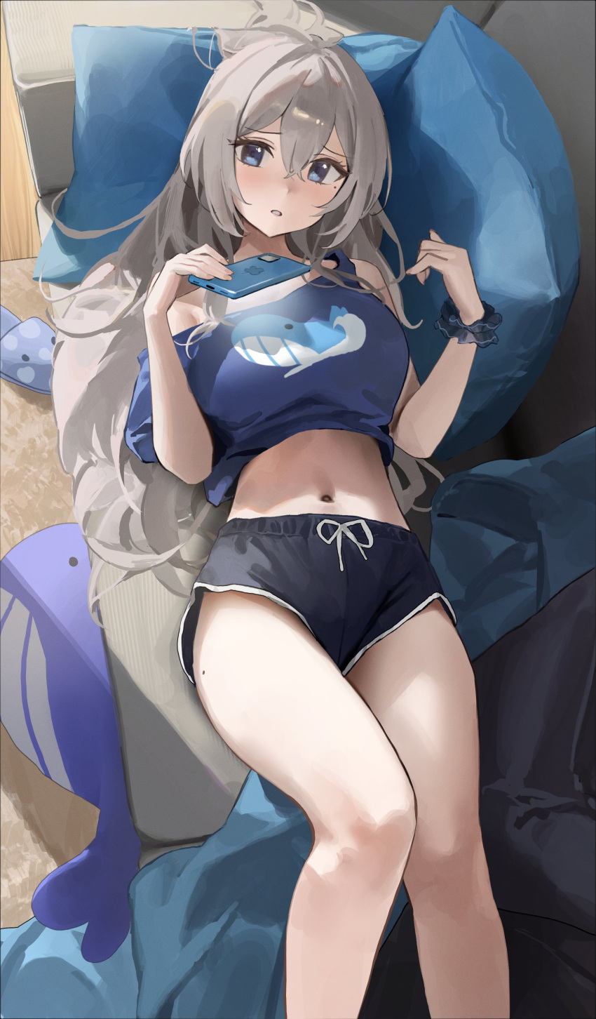 absurdres animal_print blue_eyes blue_scrunchie blue_shirt blue_shorts blush breasts cellphone commentary couch crop_top crossed_bangs dolphin_shorts feet_out_of_frame female fish_print from_above gift_art grey_hair hair_between_eyes highres holding holding_phone indoors large_breasts logknn long_hair looking_at_viewer lying midriff mole mole_on_thigh mole_under_eye navel on_back on_couch original parted_lips phone pillow print_shirt sanyu_(ry_thae) scrunchie shirt short_shorts shorts single_strap slippers smartphone solo stuffed_whale teeth very_long_hair whale_print wrist_scrunchie