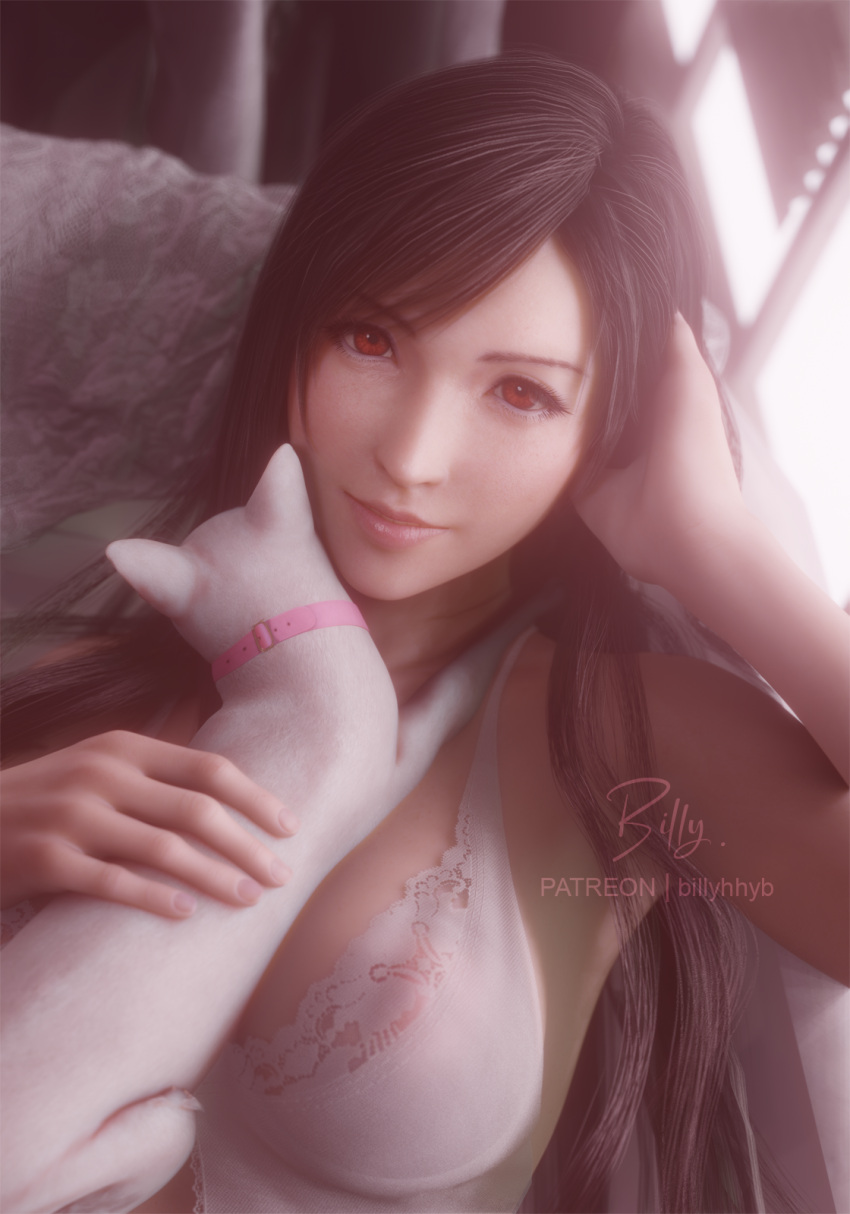 animal billyhhyb black_hair blurry bra breasts collar commentary depth_of_field english_commentary feline female final_fantasy final_fantasy_vii final_fantasy_vii_remake highres large_breasts long_hair looking_at_viewer patreon_username pink_collar red_eyes smile tagme tifa_lockhart underwear white_bra white_cat window_blinds