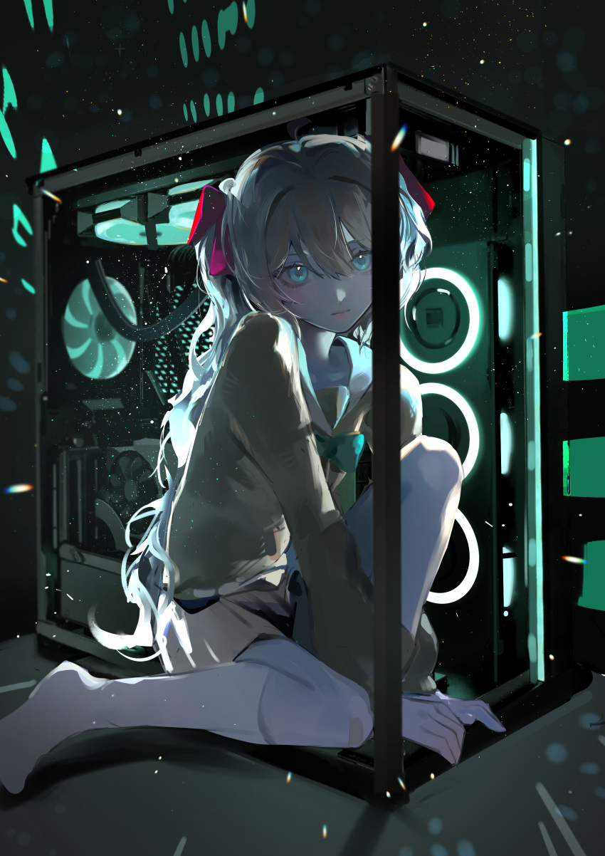 absurdres backlighting blue_eyes bow bowtie brown_hair closed_mouth collared_shirt computer computer_tower female from_side full_body green_bow green_bowtie hair_between_eyes hair_ribbon highres indie_virtual_youtuber long_hair long_sleeves looking_at_viewer neuro-sama pc_engine pleated_skirt ribbon school_uniform serafuku shirt sitting skirt socks solo sorenftt virtual_youtuber white_socks yellow_serafuku