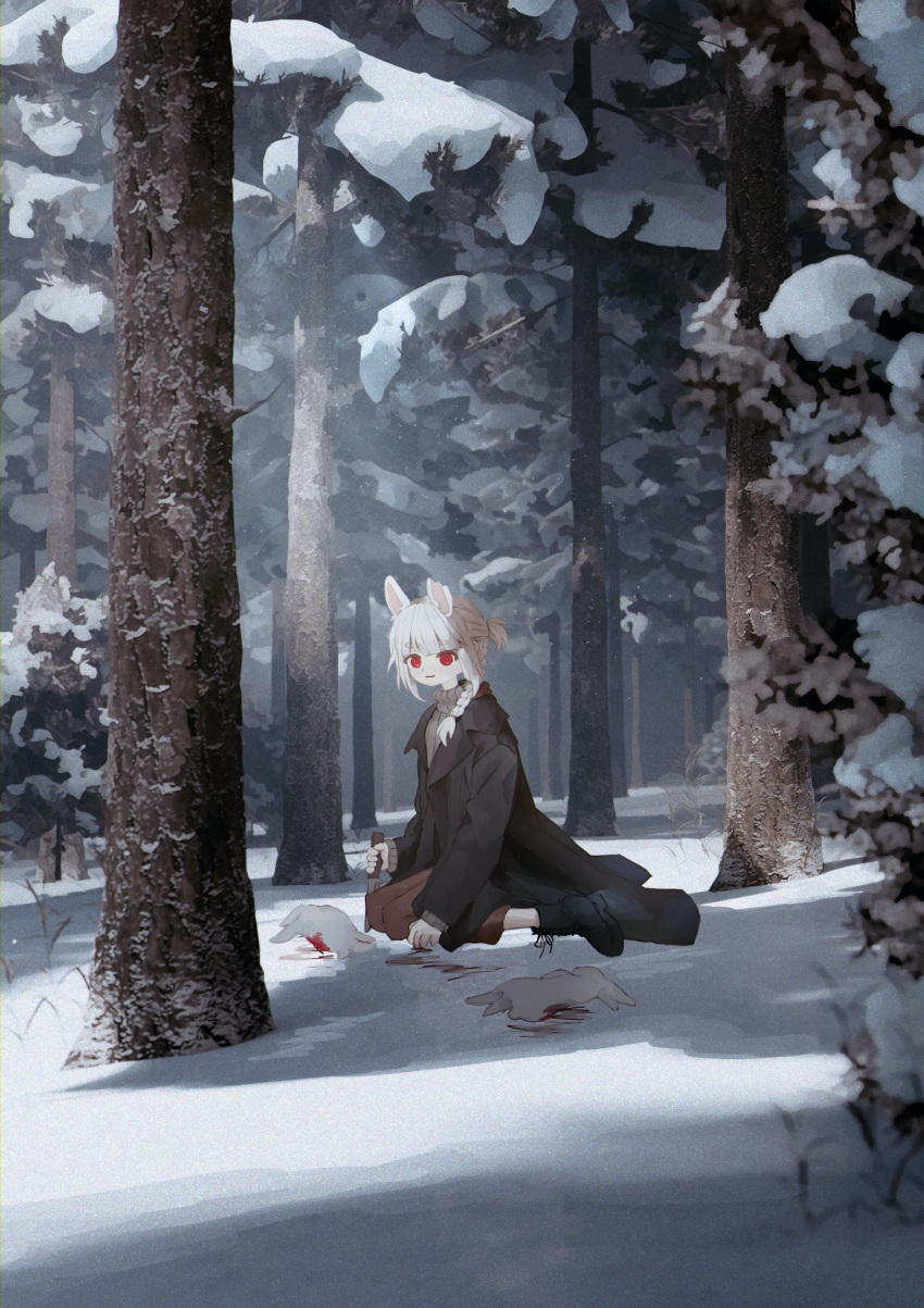 5masi_o albino black_coat blood boots braid coat dead_animal female forest full_body highres holding holding_knife knife long_hair looking_at_viewer nature original outdoors rabbit rabbit_girl red_eyes snow tree white_hair winter