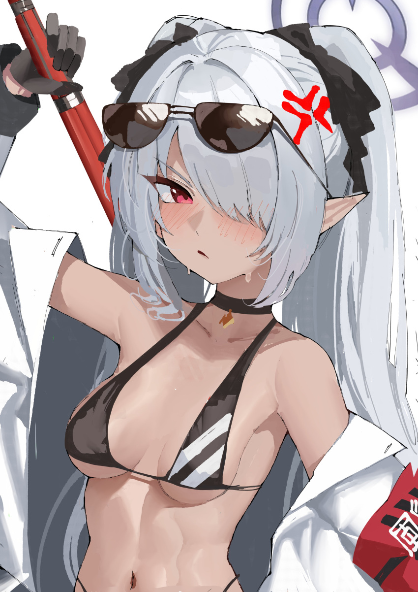 absurdres anger_vein armband armpit_crease bare_shoulders baton_(weapon) bikini black_bikini black_choker blue_archive blush breasts choker collarbone djan eyewear_on_head female gloves grey_hair hair_over_one_eye halo highres holding holding_weapon iori_(blue_archive) iori_(swimsuit)_(blue_archive) jacket long_hair long_sleeves looking_at_viewer navel off_shoulder official_alternate_costume purple_halo red_eyes simple_background small_breasts solo sunglasses sweat swimsuit twintails underboob weapon white_background