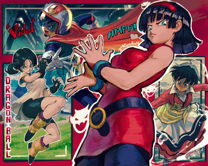 +_+ absurdres antennae belt bike_shorts black_belt black_gloves black_hair black_leggings black_shorts blue_eyes blunt_bangs blunt_ends bob_cut bracelet cape character_name commentary copyright_name dragon_ball dragon_ball_super dragon_ball_z dress dusting_off_self english_commentary fake_antennae female fingerless_gloves floating_clothes floating_hair gloves great_saiyaman_2 hair_tubes hairband heart helmet highres jewelry kornart leggings looking_at_viewer looking_to_the_side low_twintails multiple_views necklace official_alternate_costume open_mouth orange_cape pantyhose parted_hair pink_dress pixie_cut red_dress red_hairband shirt short_hair shorts sleeveless sleeveless_dress t-shirt twintails twitter_username velcro_footwear videl water white_gloves white_shirt yellow_footwear