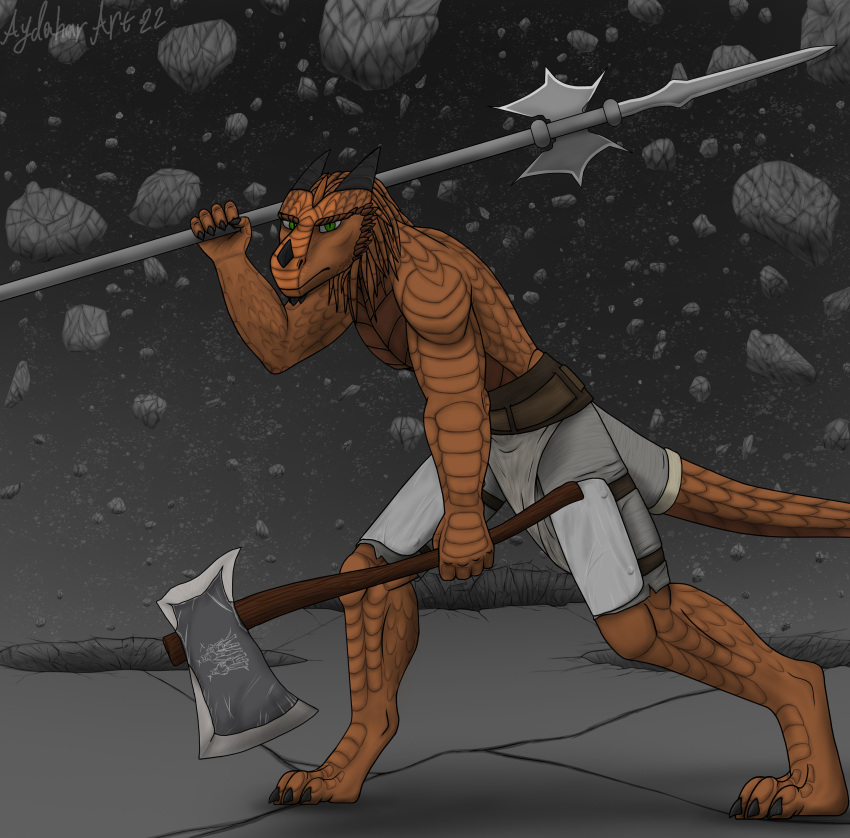 absurd_res anthro armor axe aydaharart barbarian brown_body brown_scales claws clothing dragon gradient_background green_eyes halberd hi_res horn leg_armor male melee_weapon mythological_creature mythological_scalie mythology orange_face polearm rock scales scalie shirt simple_background sky solo spikes topwear warrior weapon