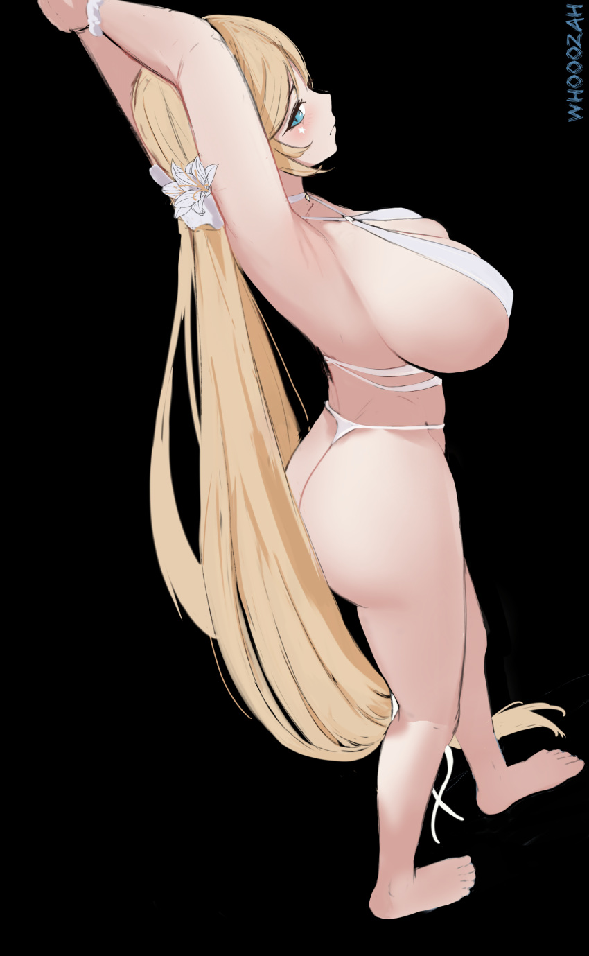 absurdly_long_hair absurdres arms_up ass azur_lane bikini black_background blonde_hair blue_eyes breasts brest_(azur_lane) brest_(marine_muse)_(azur_lane) female flower from_side full_body hair_flower hair_ornament highres huge_breasts long_hair looking_at_viewer official_alternate_costume simple_background solo swimsuit thong_bikini very_long_hair white_bikini white_flower whooozah