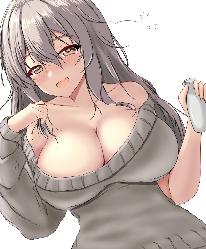 alcohol blush breasts brown_eyes brown_sweater cleavage female grey_hair hair_between_eyes highres kantai_collection large_breasts long_hair long_sleeves montemasa official_alternate_costume open_mouth pola_(kancolle) sake smile solo sweater tokkuri upper_body wavy_hair