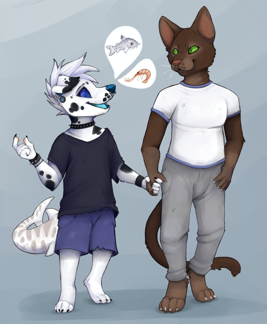 anthro canid canine canis clothed clothing dalmatian dialogue discon_rat domestic_cat domestic_dog duo eye_contact felid feline felis fish hand_holding hi_res hybrid looking_at_another mammal marine open_mouth open_smile shark smile speech_bubble standing tail