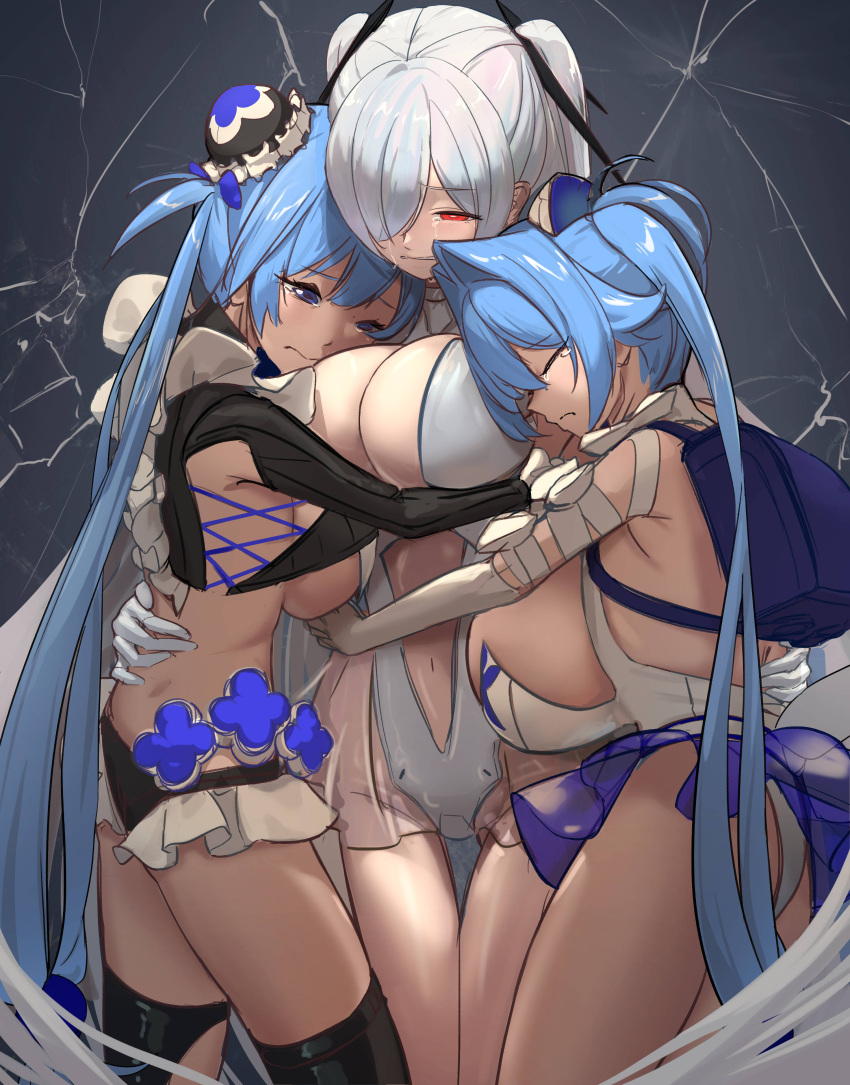 3girls absurdres armpit_cutout blue_eyes blue_hair bodysuit breasts cinderella_(nikke) cleavage cleavage_cutout closed_eyes closed_mouth clothing_cutout crying crying_with_eyes_open double-parted_bangs folded_hair gloves goddess_of_victory:_nikke gretel_(nikke) group_hug hair_between_eyes hair_intakes hair_over_one_eye hansel_(nikke) highres hug jason_kong large_breasts leg_cutout long_hair multiple_girls navel navel_cutout official_alternate_eye_color old_tales_(nikke) one_eye_covered red_eyes see-through_clothes see-through_skirt shiny_eyes siblings skirt stomach_cutout tears thighhighs twins twintails two-tone_leotard very_long_hair white_bodysuit white_gloves white_hair