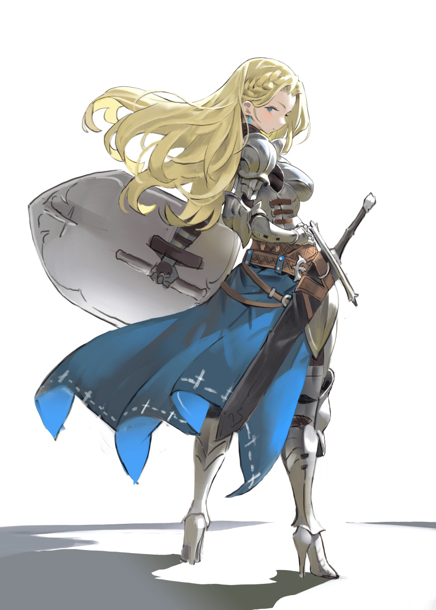 absurdres armor armored_boots arowana2111 belt blonde_hair blue_cape blue_eyes boots braid breastplate breasts brown_belt cape couter cuirass cuisses earrings english_commentary faulds female from_behind full_body gauntlets greaves hand_on_own_hip high_heel_boots high_heels highres holding holding_shield jewelry large_breasts long_hair looking_to_the_side original parted_bangs pauldrons poleyn rerebrace sabaton shadow sheath sheathed shield shoulder_armor side_braid solo standing sword vambraces waist_cape weapon white_background