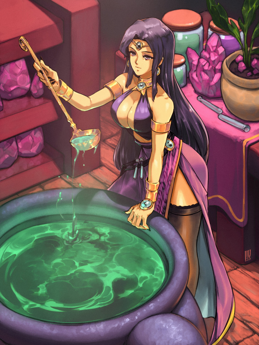 absurdres ambiguous_green_liquid armlet bracelet breasts brown_thighhighs cauldron circlet cleavage commentary dark_skin david_liu earrings english_commentary female fields_of_mistria highres holding holding_ladle indoors jar jewelry juniper_(fields_of_mistria) ladle long_hair plant potted_plant purple_eyes purple_hair second-party_source solo test_tube thighhighs very_long_hair