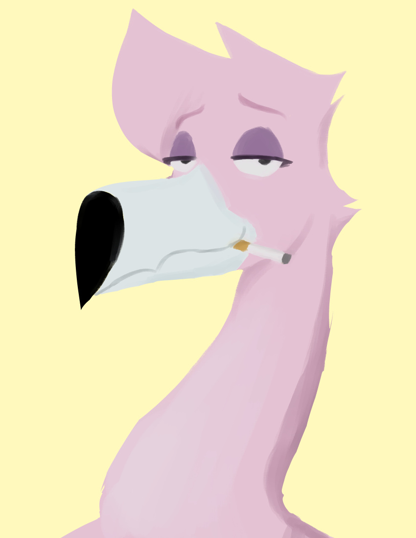 absurd_res astas_(chilemeister) avian beak bird chilemeister cigarette eyebrows eyelashes eyeshadow feathers flamingo hi_res long_neck makeup male_(lore) pink_body pink_feathers portrait raised_eyebrows simple_background smile smoking solo yellow_background