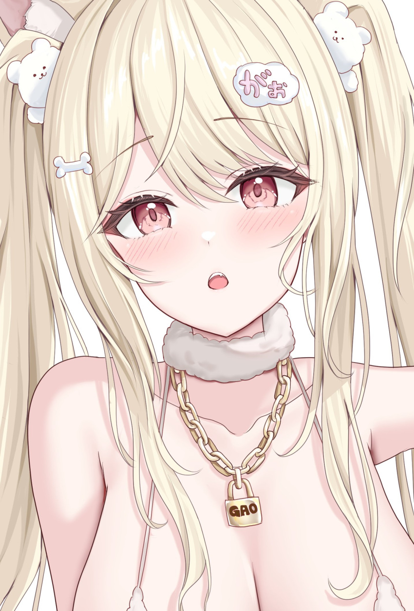 animal_ears animal_hair_ornament armpit_crease blonde_hair blush bone bone_hair_ornament breasts chain_necklace chains cleavage female fluffy_collar hair_ornament highres jewelry large_breasts lock lock_necklace looking_at_viewer necklace oerba_yun_fang open_mouth original out_of_frame red_eyes simple_background solo twintails uni_ikura white_background