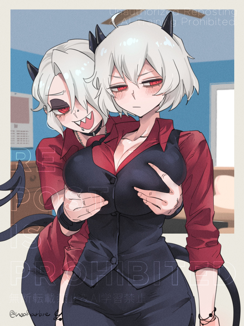 2girls absurdres black_horns black_jacket breasts collared_shirt demon_girl demon_horns demon_tail grabbing_another's_breast grabbing_from_behind groping hair_over_one_eye helltaker highres horns indoors jacket large_breasts malina_(helltaker) multiple_girls noah_(tettsui-sole) open_mouth red_eyes red_shirt sharp_teeth shirt short_hair tail teeth twitter_username white_hair yuri zdrada_(helltaker)