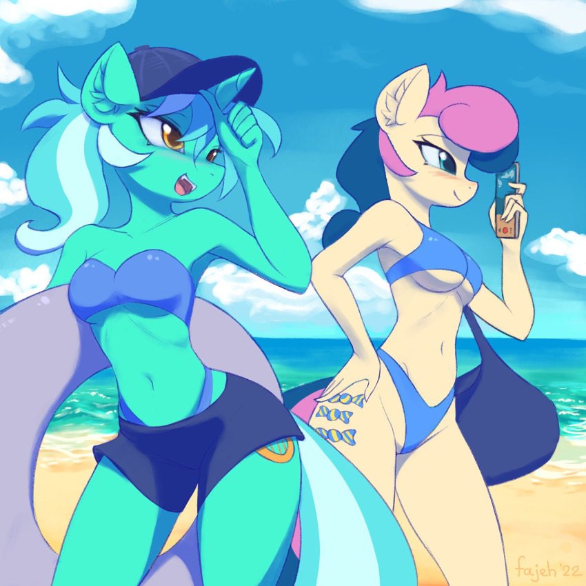 2girls alternate_costume alternate_hairstyle animal_ears animification aqua_eyes aqua_fur bag baseball_cap beach bikini black_hat blue_bikini blue_hair body_fur bonbon_(my_little_pony) breasts cellphone cloud cutie_mark day fajeh furry furry_female green_hair hand_on_own_hip handbag hat highres holding holding_phone holding_swim_ring horns horse_ears horse_girl horse_tail long_hair lyra_heartstrings medium_breasts medium_hair multicolored_hair multiple_girls my_little_pony my_little_pony:_friendship_is_magic navel ocean outdoors personification phone pink_hair ponytail shorts single_horn skinny sky snout standing stomach streaked_hair swim_ring swimsuit tail two-tone_hair underboob unicorn_girl unicorn_horn water white_hair wide_hips yellow_eyes yellow_fur