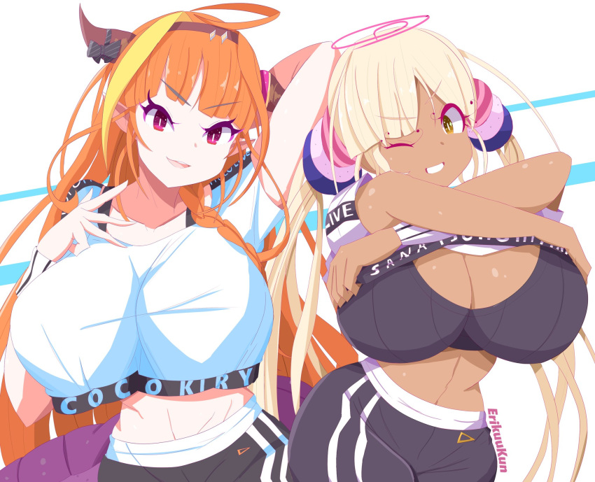 2girls ahoge black_sports_bra blonde_hair bow breasts cleavage dark-skinned_female dark_skin dragon_girl dragon_horns dragon_tail erikuukun hair_ornament hairband highres hololive hololive_english horn_bow horn_ornament horns kiryu_coco large_breasts limiter_(tsukumo_sana) long_hair multicolored_hair multiple_girls orange_hair planet_hair_ornament pointy_ears smile sports_bra streaked_hair tail tsukumo_sana twintails undressing very_long_hair virtual_youtuber yellow_eyes