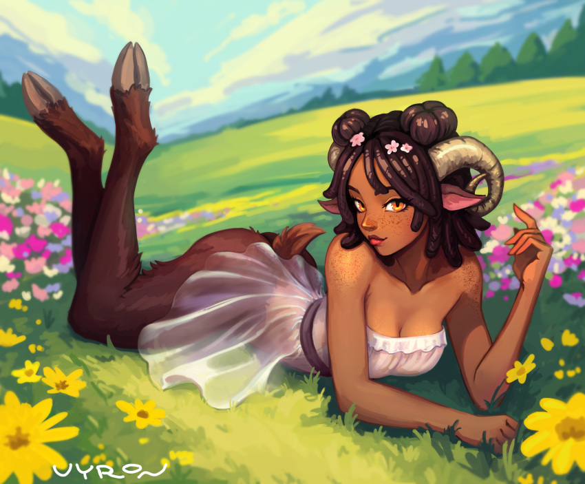 black_hair blurry body_freckles breasts brown_eyes cleavage cloud cloudy_sky collarbone commentary commission curled_horns dark-skinned_female dark_skin day depth_of_field dress english_commentary fantasy female flower freckles goat_girl goat_horns goat_legs goat_tail grass highres horns looking_at_viewer lying meadow no_pants on_ground on_stomach original outdoors pointy_ears satyr see-through_clothes see-through_dress signature sky solo strapless strapless_dress the_pose tree vyron_s white_dress