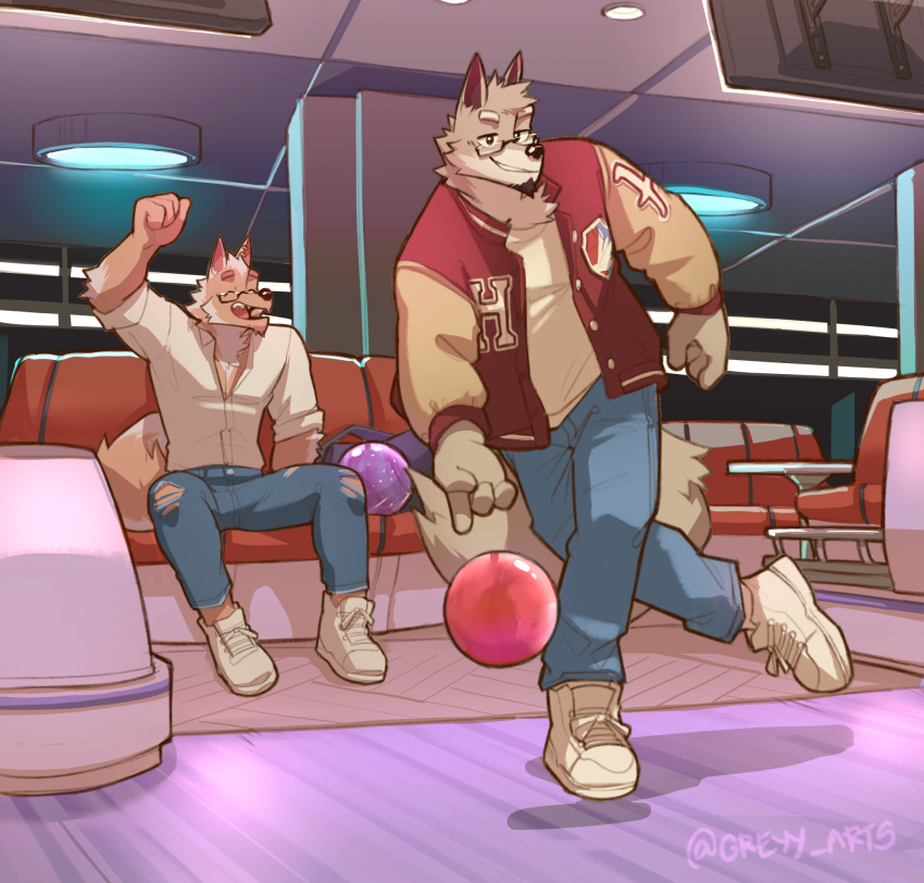 anthro biped bottomwear bowling bowling_ball canid canine closed_eyes clothed clothing duo eyewear fingers fur glasses greyy hi_res male mammal open_mouth open_smile pants smile tail torn_bottomwear torn_clothing torn_pants