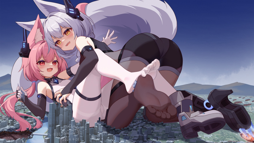 2girls :d absurdres animal_ear_fluff animal_ears arknights asymmetrical_gloves black_gloves black_shorts bodysuit breasts bridal_gauntlets brown_pantyhose crushing elbow_gloves fox_ears giant giantess gloves headpiece highres large_tail multiple_girls oerba_yun_fang original pantyhose pink_hair provence_(arknights) red_eyes shoes shorts single_shoe small_breasts smile soles synring97 tail thigh_strap toes twintails white_bodysuit white_gloves white_hair white_pantyhose wolf_ears wolf_girl wolf_tail yellow_eyes yuri