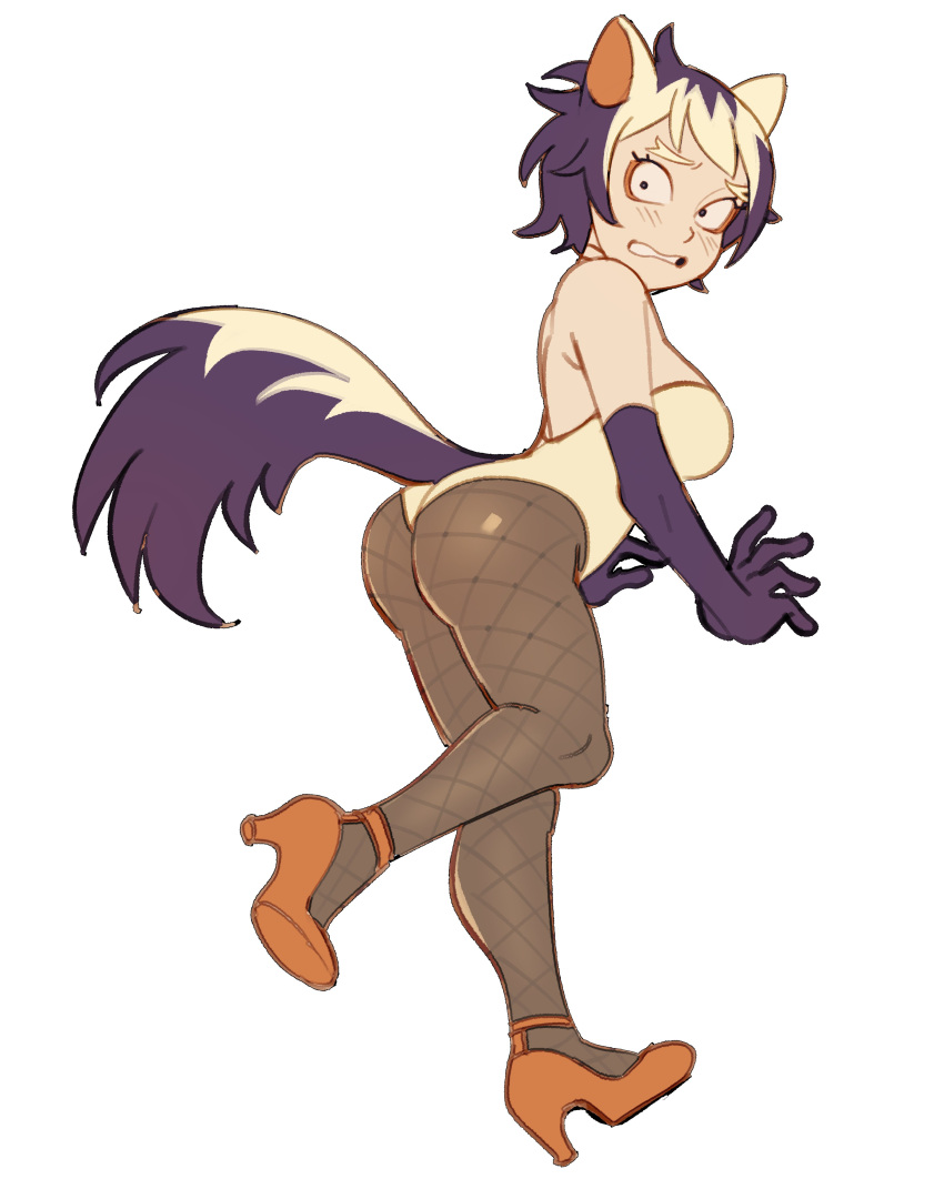 absurdres ass blonde_hair breasts clenched_teeth elbow_gloves eyeshadow female fishnet_pantyhose fishnets from_behind full_body gloves high_heels highres itslyssalala leg_up leotard looking_at_viewer looking_back makeup multicolored_hair orange_footwear pantyhose personification pokemon purple_gloves purple_hair purple_tail short_hair shy simple_background skunk_ears skunk_girl skunk_tail small_pupils standing standing_on_one_leg strapless strapless_leotard stunky surprised teeth two-tone_hair walking white_background wide-eyed yellow_leotard