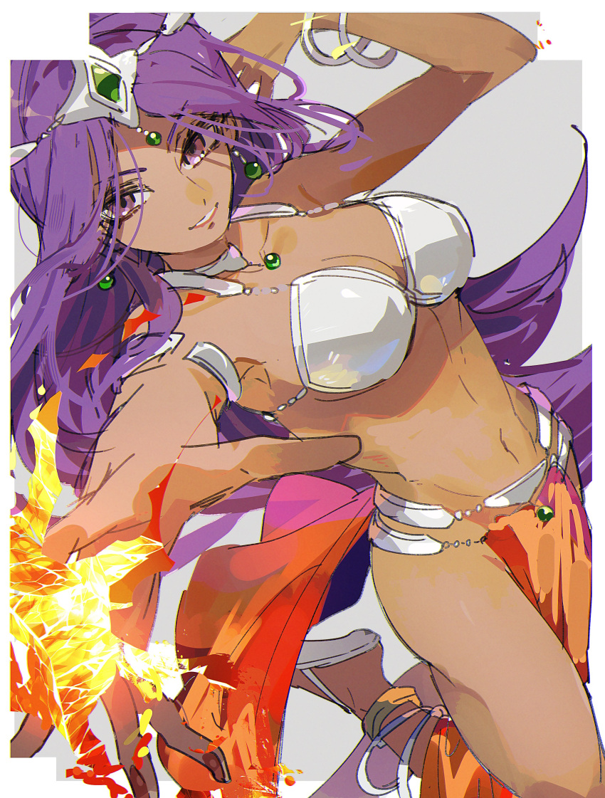 absurdres armlet bikini bracelet breasts circlet cleavage dark-skinned_female dark_skin dragon_quest dragon_quest_iv earrings female fingernails fire forehead_jewel gem green_gemstone gun hand_in_own_hair hand_up highres jewelry large_breasts leg_up loincloth long_hair looking_at_viewer magic manya_(dq4) metal_bikini metal_bra mogana_zo multiple_bracelets nail_polish navel neck_ring outstretched_hand parted_lips pelvic_curtain purple_eyes purple_hair pyrokinesis reaching reaching_towards_viewer red_nails silver_bikini smile solo sphere_earrings swimsuit weapon