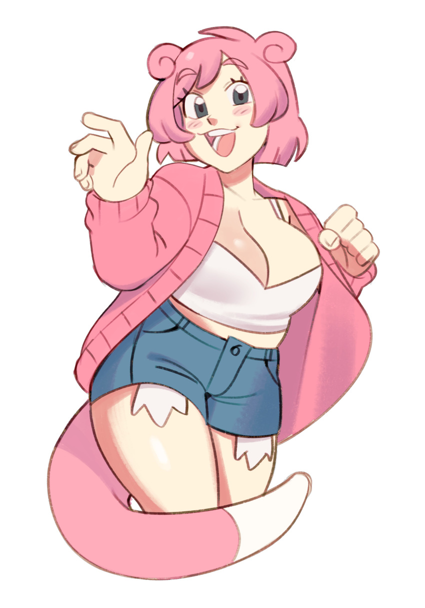 absurdres animal_ears blush borrowed_character breasts camisole cardigan cleavage clenched_hand crop_top denim denim_shorts exposed_pocket eyelashes female hair_ears hands_up highres itslyssalala large_breasts open_cardigan open_clothes open_mouth personification pink_cardigan pink_hair plump pokemon short_hair short_shorts shorts simple_background slowpoke smile solo tail waving white_background white_camisole