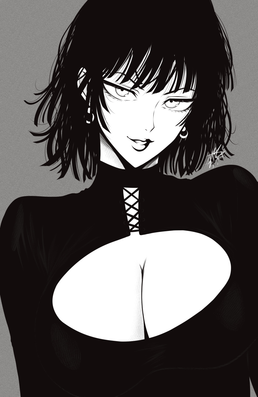 absurdres breasts cleavage cleavage_cutout clothing_cutout commentary earrings female fubuki_(one-punch_man) grey_background greyscale highres jewelry lips looking_at_viewer medium_breasts monochrome mostlybluewyatt one-punch_man parted_lips short_hair simple_background smile solo upper_body