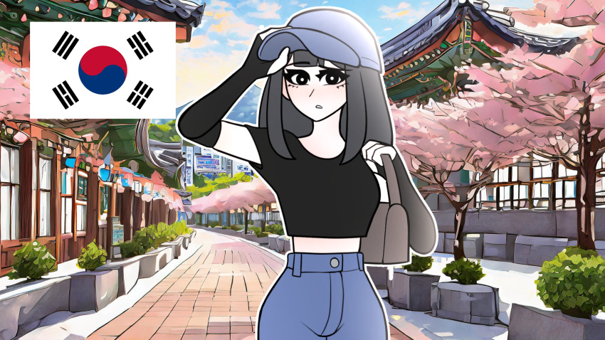 ai-assisted black_hair breast_focus breasts confused countryhumans hat highres holding holding_hat holding_unworn_clothes mature_female non-web_source pussy_focus south_korea