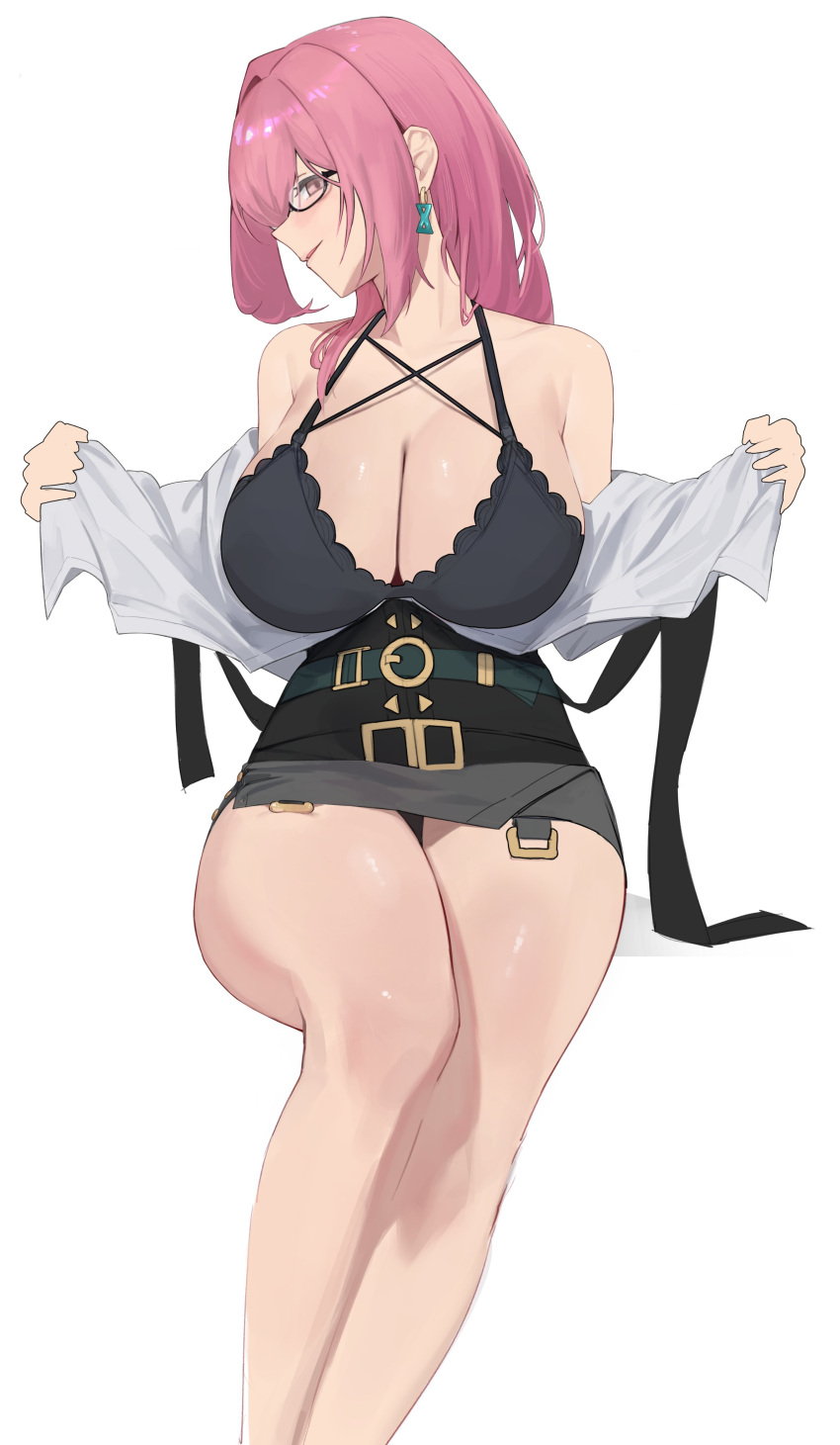 absurdres black-framed_eyewear black_skirt breasts criss-cross_straps female glasses high-waist_skirt highres hourglass_earrings jaihu large_breasts pencil_skirt pink_eyes pink_hair shirt simple_background skirt solo tsukishiro_yanagi undressing white_background white_shirt zenless_zone_zero