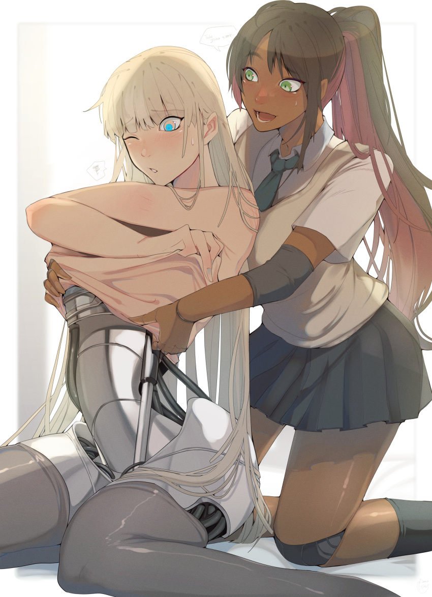 2girls absurdres android aqua_eyes bare_arms black_hair blonde_hair blunt_bangs collared_shirt colored_inner_hair damaged dark_skin ecomoesty english_text grey_thighhighs highres kneehighs long_hair mecha_musume mechabare multicolored_hair multiple_girls nail_polish necktie one_eye_closed original pleated_skirt ponytail red_hair robot_girl school_uniform shirt skirt socks speech_bubble spoken_squiggle squiggle streaked_hair thighhighs thighs undressing undressing_another vest