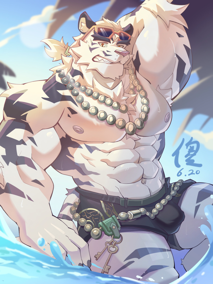 1boy abs absurdres animal_ear_fluff animal_ears arm_behind_head bara bare_pectorals black_male_underwear bulge cat_nose dated dislyte eyewear_on_head fangs fangs_out furry furry_male hair_tie highres jewelry jin_qiu_(ru_shou)_(dislyte) jin_qiu_(ru_shou)_(wild_python)_(dislyte) key looking_at_viewer male_focus male_underwear muscular muscular_male navel necklace nipples pectoral_cleavage pectorals ponytail pukuruku signature sunglasses tail thick_eyebrows tiger_boy tiger_ears tiger_stripes tiger_tail topless_male underwear water yellow_eyes