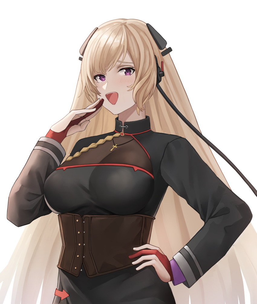 absurdres blonde_hair blush breasts commentary commission cozie178 english_commentary female g3_(girls'_frontline) g3_(mod3)_(girls'_frontline) girls'_frontline hand_on_own_hip highres long_hair looking_at_viewer ojou-sama_pose open_mouth purple_eyes simple_background solo teeth upper_body upper_teeth_only white_background