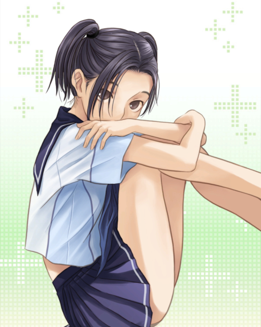 blue_neckerchief blue_sailor_collar blue_skirt brown_eyes female from_side gradient_background green_background hair_over_one_eye hand_on_own_shoulder highres hugging_own_legs knees_to_chest knees_up kobayakawa_rinko legs_together legs_up lone_nape_hair looking_at_viewer love_plus neckerchief official_alternate_hairstyle official_art parted_bangs pleated_skirt plus_sign sailor_collar school_uniform serafuku short_hair short_sleeves sitting skirt solo summer_uniform twintails white_serafuku