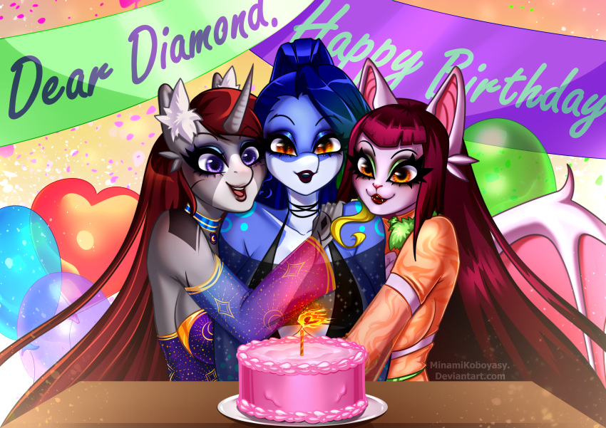 absurd_res anthro balloon banner bat birthday birthday_cake birthday_candle birthday_party blowing_out_candles cake clothed clothing crystal_midnight_(minamikoboyasy) dessert diamond_dust_(minamikoboyasy) female female/female fish food group hi_res hug hug_from_side hugging_another humanoid hybrid inflatable inner_ear_fluff jewelry looking_at_object mammal marine minamikoboyasy necklace selune_darkeye shark smile smiling_at_viewer succubus trio tuft