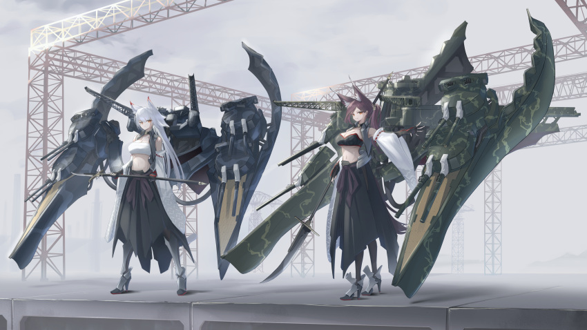 2girls absurdres animal_ears azur_lane black_skirt breasts chest_sarashi cleavage collarbone commentary_request fox_ears full_body highres holding holding_polearm holding_weapon hyuuga_(azur_lane) hyuuga_(retrofit)_(azur_lane) ise_(azur_lane) ise_(retrofit)_(azur_lane) large_breasts looking_at_viewer midriff multiple_girls naginata navel orange_eyes polearm red_hair rigging ryosuke1225 sarashi siblings sisters skirt vambraces weapon white_hair