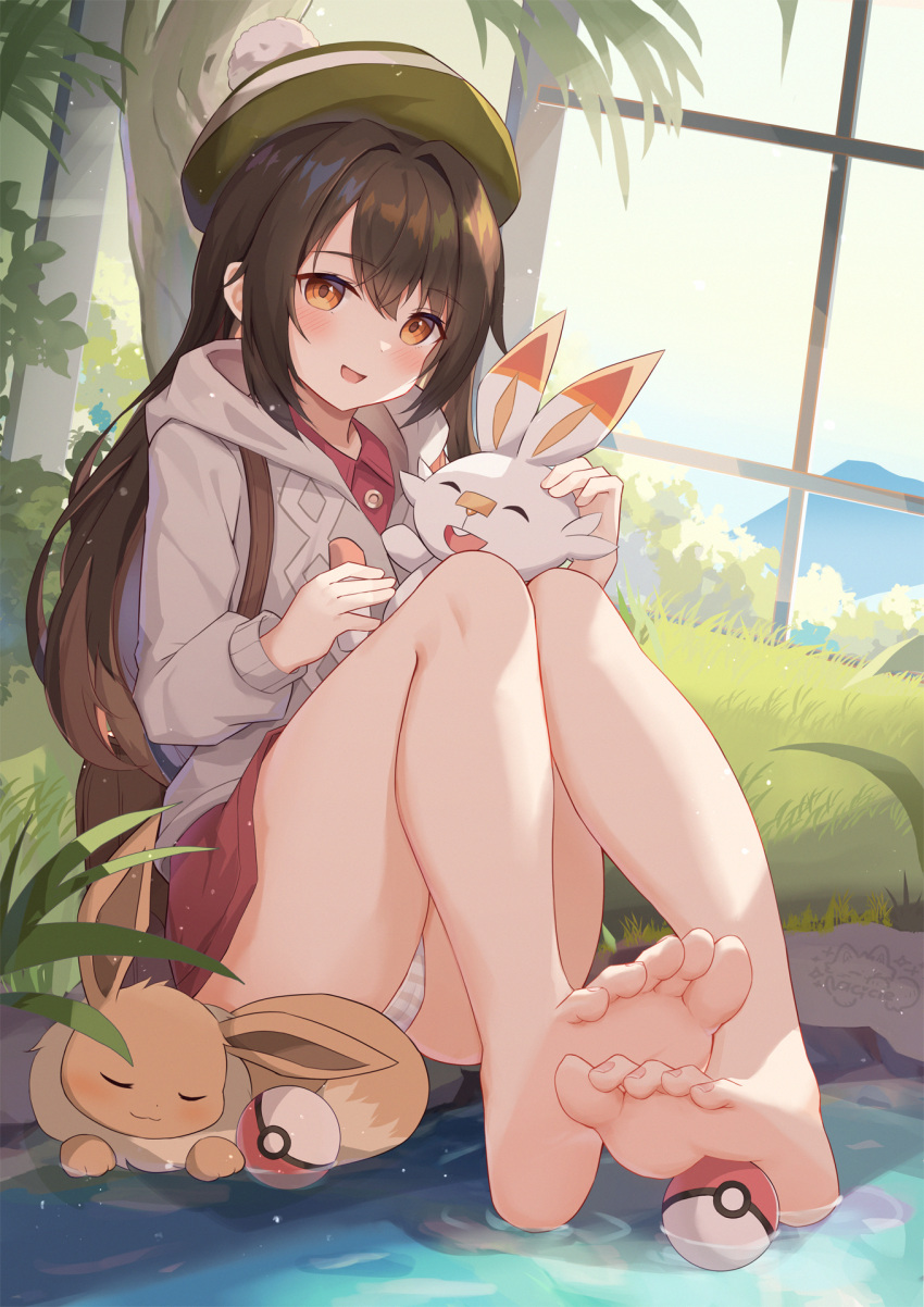 :d barefoot brown_bag brown_hair cameltoe cardigan eevee female gloria_(pokemon) green_hat grey_cardigan hat highres hood hooded_cardigan long_hair orange_eyes panties pantyshot poke_ball pokemon pokemon_(creature) red_shirt scorbunny shirt sitting sleeping smile soles synring97 toes underwear very_long_hair