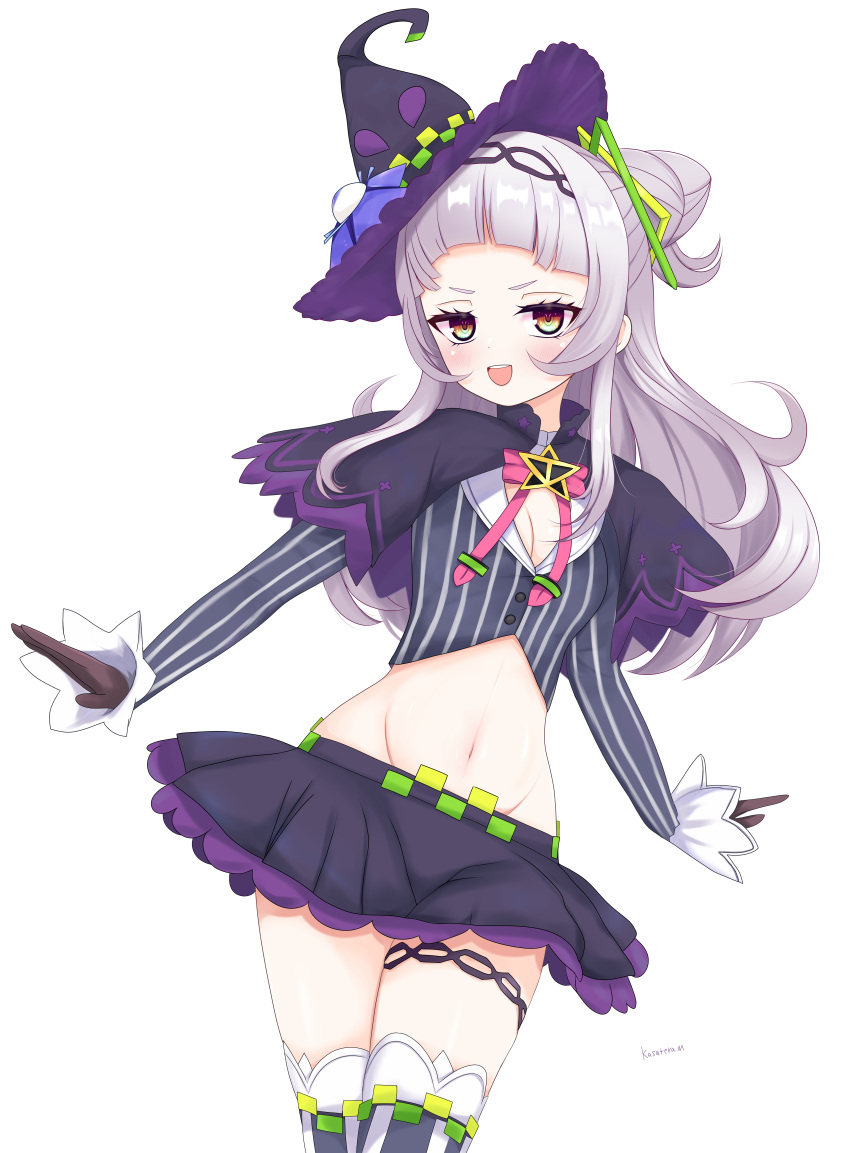 absurdres breasts brown_gloves capelet cleavage female gloves grey_hair grey_thighhighs hair_bun hat highres hololive kasutera_mikan long_hair looking_at_viewer murasaki_shion murasaki_shion_(1st_costume) navel open_mouth purple_capelet purple_hat purple_skirt shirt short_eyebrows sidelocks skirt small_breasts smile striped_clothes striped_shirt teeth thigh_strap thighhighs upper_teeth_only vertical-striped_clothes vertical-striped_shirt virtual_youtuber white_background witch_hat yellow_eyes