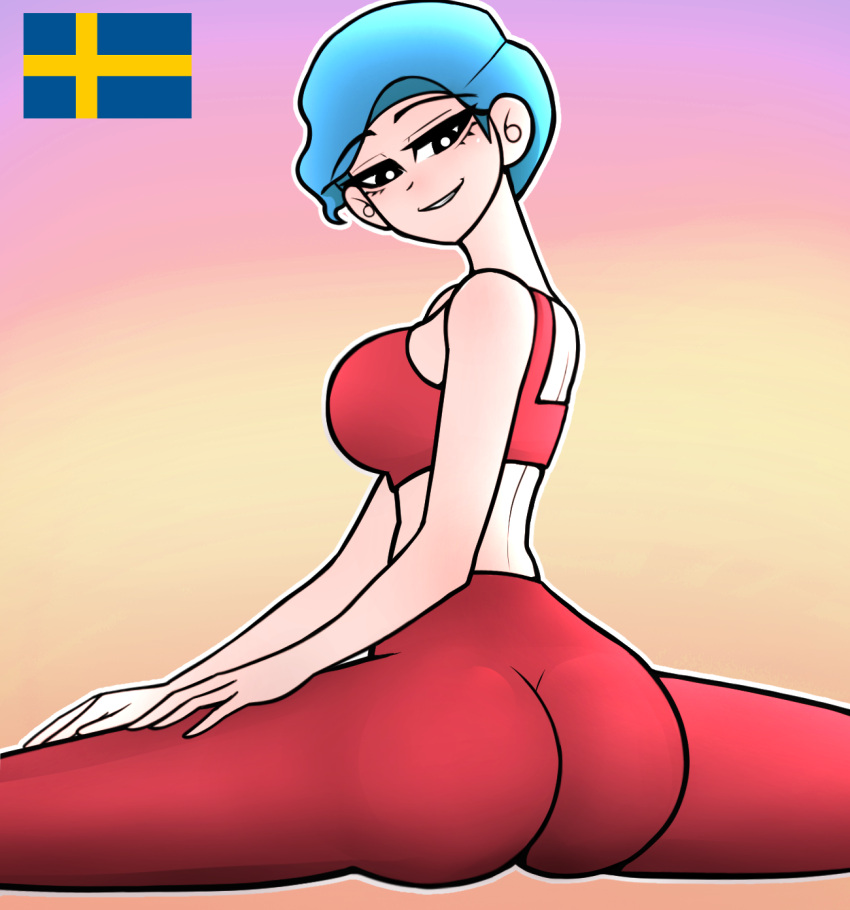 ass ass_focus blue_hair countryhumans facing_back hands_on_own_thighs highres mature_female non-web_source red_sports_bra smirk split sports_bra sweden