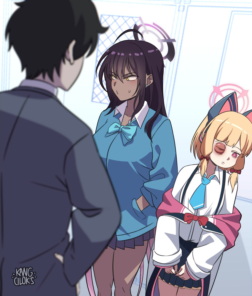 1boy 2girls ahoge animal_ear_headphones animal_ears black_hair black_skirt blonde_hair blue_archive blue_bow blue_bowtie blue_jacket blue_necktie blush bow bowtie breasts brown_eyes bruise bruised_eye cat_ear_headphones dark-skinned_female dark_skin fake_animal_ears grey_skirt grey_suit hairbow halo hand_in_pocket hand_on_own_hip headphones highres injury jacket kang_cilok's karin_(blue_archive) large_breasts long_hair looking_to_the_side low_twintails meme momoi_(blue_archive) multiple_girls necktie racist_momoi_(meme) sensei_(blue_archive) sensei_(blue_archive_the_animation) shirt short_hair skirt suit suspenders thighs twintails white_jacket white_shirt yellow_eyes