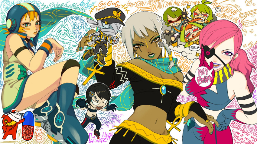 ankh aqua_lips blue_eyeshadow blue_nails blue_scarf bracelet breasts capsule chibi chibi_inset cleavage cortaunatijera crop_top cropped_shirt dark-skinned_female dark_skin doodle_inset dress english_text eyepatch eyeshadow facepaint fingernails gold_bracelet gum_(jsr) hand_on_own_hip hand_to_own_mouth hand_up heart heart-shaped_pupils helmet highres jazz_(jsr) jet_set_radio jet_set_radio_future jewelry large_breasts long_hair long_sleeves love_shockers makeup multiple_bracelets nail_polish navel off-shoulder_shirt off_shoulder open_mouth parted_lips pink_hair purple_eyeshadow purple_lips scarf shirt short_dress short_hair smile speech_bubble striped_clothes striped_scarf symbol-shaped_pupils text_background white_hair