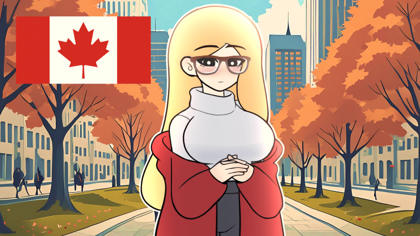 ai-assisted blonde_hair blush canada countryhumans glasses grey_sweater highres hood hoodie locked_arms mature_female non-web_source red_hoodie sweater