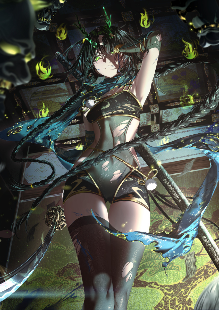 absurdres arm_up armpits black_thighhighs bodysuit braid breasts chinese_commentary clenched_teeth commentary_request cowboy_shot female green_bodysuit green_eyes green_hair green_horns hand_over_eye highres holding holding_sword holding_weapon horns junpaku_karen katana long_hair original scabbard sheath sheathed sideless_outfit small_breasts solo sword sword_behind_back teeth thighhighs thighs twin_braids unsheathed very_long_hair weapon