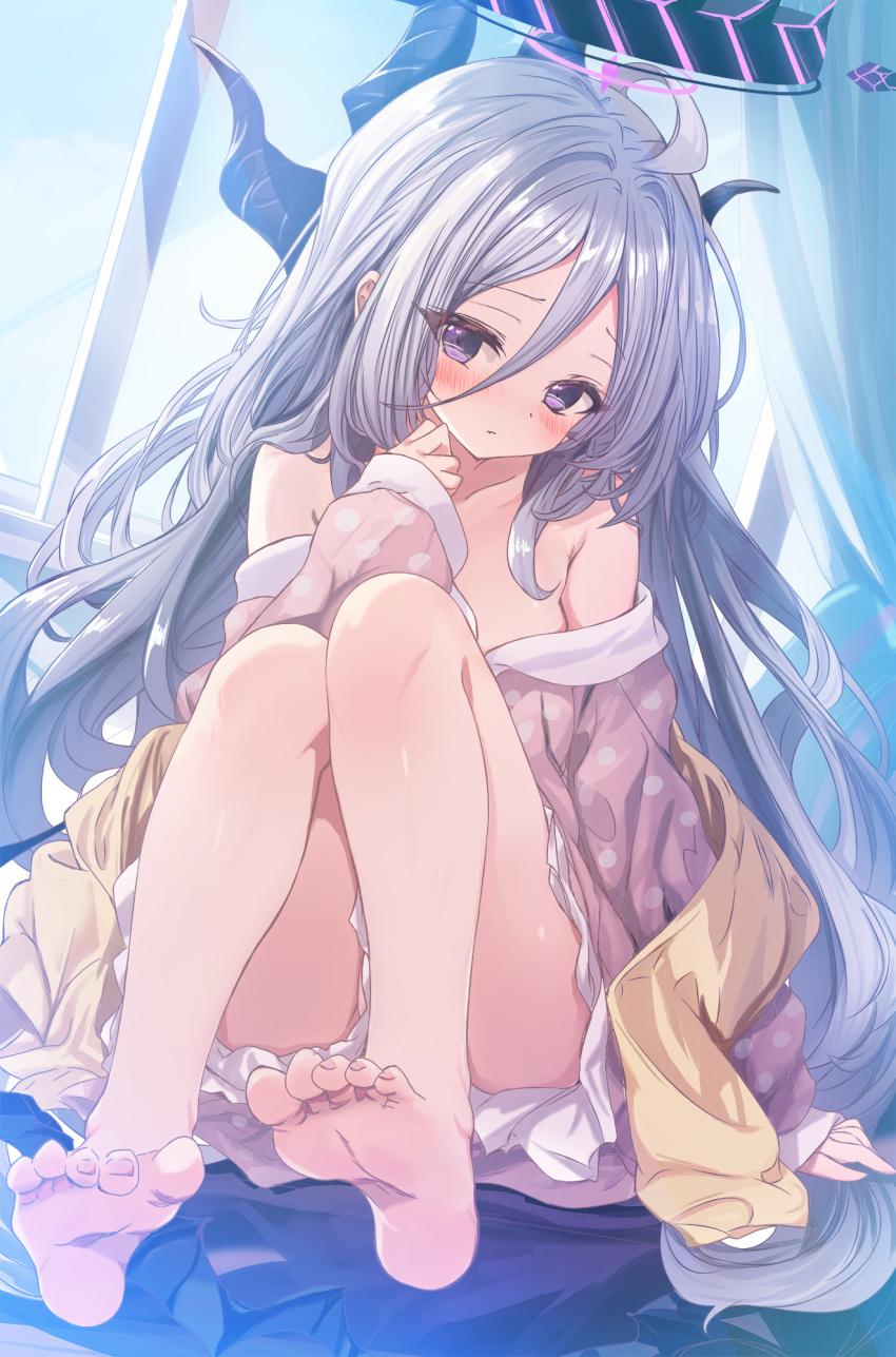 ahoge barefoot black_horns blue_archive blush breasts closed_mouth commentary_request cutlass_(classic_chocolate) demon_horns feet female foot_focus frilled_pajamas frills halo head_tilt highres hina_(blue_archive) hina_(pajamas)_(blue_archive) horns long_hair looking_at_viewer off_shoulder official_alternate_costume pajamas partially_visible_vulva pink_pajamas polka_dot polka_dot_pajamas purple_eyes sitting small_breasts soles solo toes very_long_hair white_hair