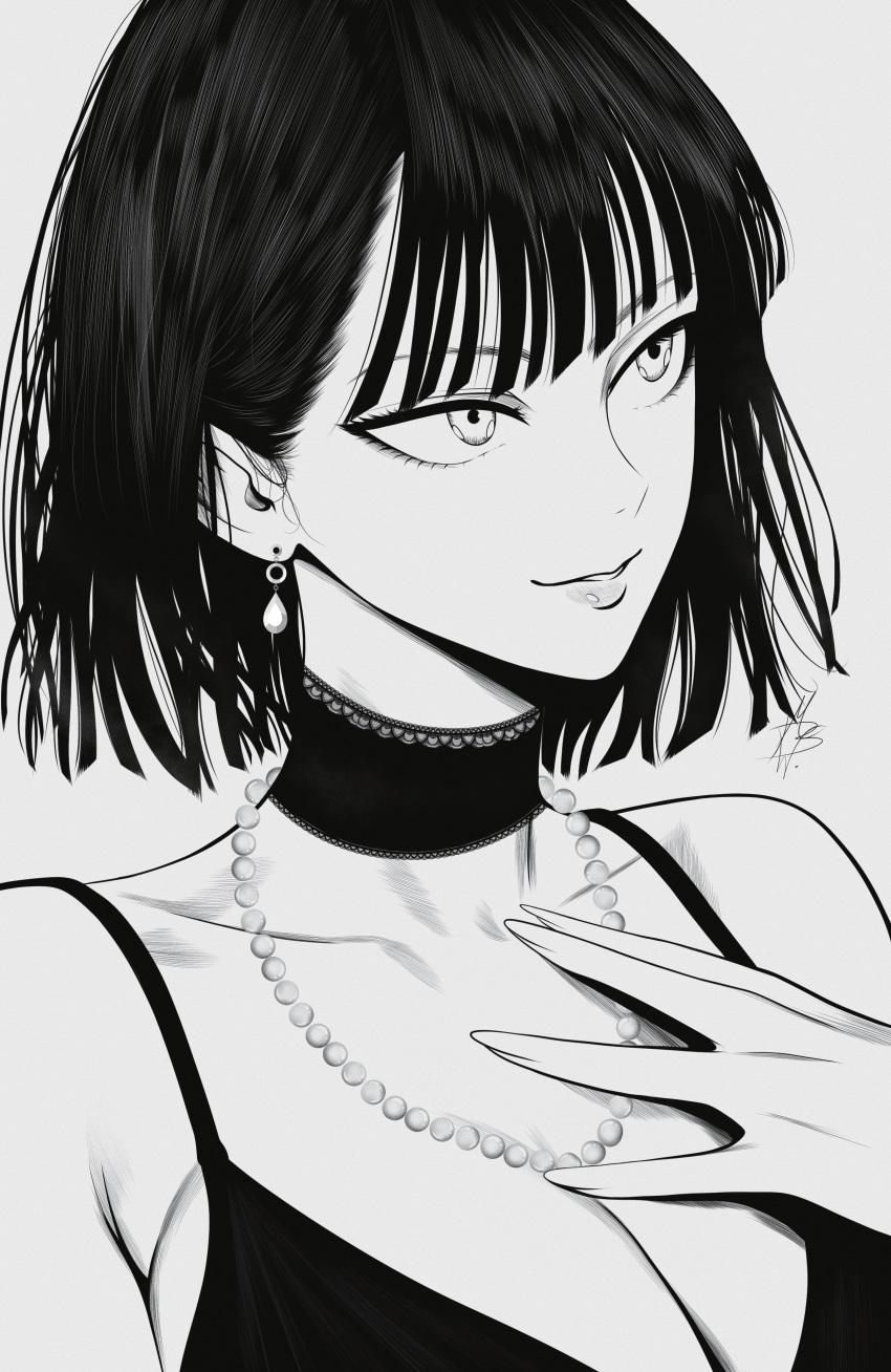 absurdres bare_shoulders breasts choker cleavage collarbone commentary earrings female fingernails fubuki_(one-punch_man) grey_background greyscale hand_on_own_chest hand_up highres jewelry lips medium_breasts monochrome mostlybluewyatt necklace one-punch_man short_hair simple_background sleeveless smile solo upper_body