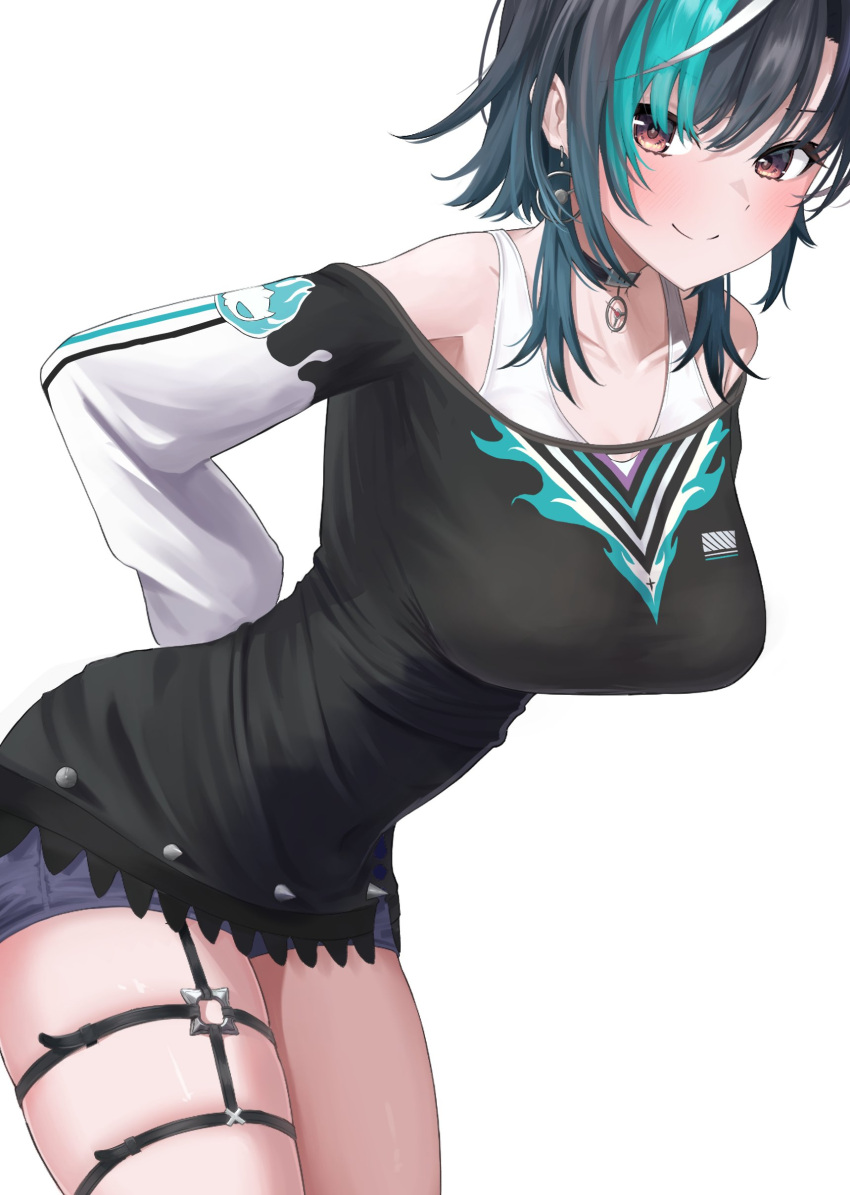 absurdres aqua_hair black_choker black_dress black_hair blush breast_focus breasts bright_pupils card choker colored_inner_hair denim denim_shorts dress earrings female hand_on_own_back highres hololive hololive_dev_is jewelry kakinotane_e large_breasts leaning_forward long_sleeves looking_at_viewer medium_hair multicolored_hair o-ring o-ring_thigh_strap off-shoulder_dress off_shoulder red_eyes rindo_chihaya ring short_dress short_hair shorts shorts_under_dress smile solo streaked_hair tank_top teeth thick_thighs thigh_strap thighs virtual_youtuber white_background white_hair white_tank_top