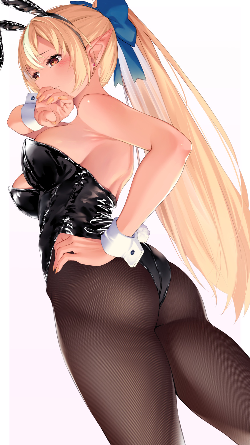 absurdres animal_ear_hairband animal_ears ass bare_shoulders black_leotard blonde_hair blue_bow bow breasts commentary dark-skinned_female dark_elf dark_skin elf fake_animal_ears female hairband hairbow hand_on_own_hip high_ponytail highres hololive kurogane_tekki large_breasts leotard long_hair pantyhose playboy_bunny pointy_ears ponytail rabbit_ear_hairband rabbit_ears red_eyes shiranui_flare solo very_long_hair virtual_youtuber wrist_cuffs