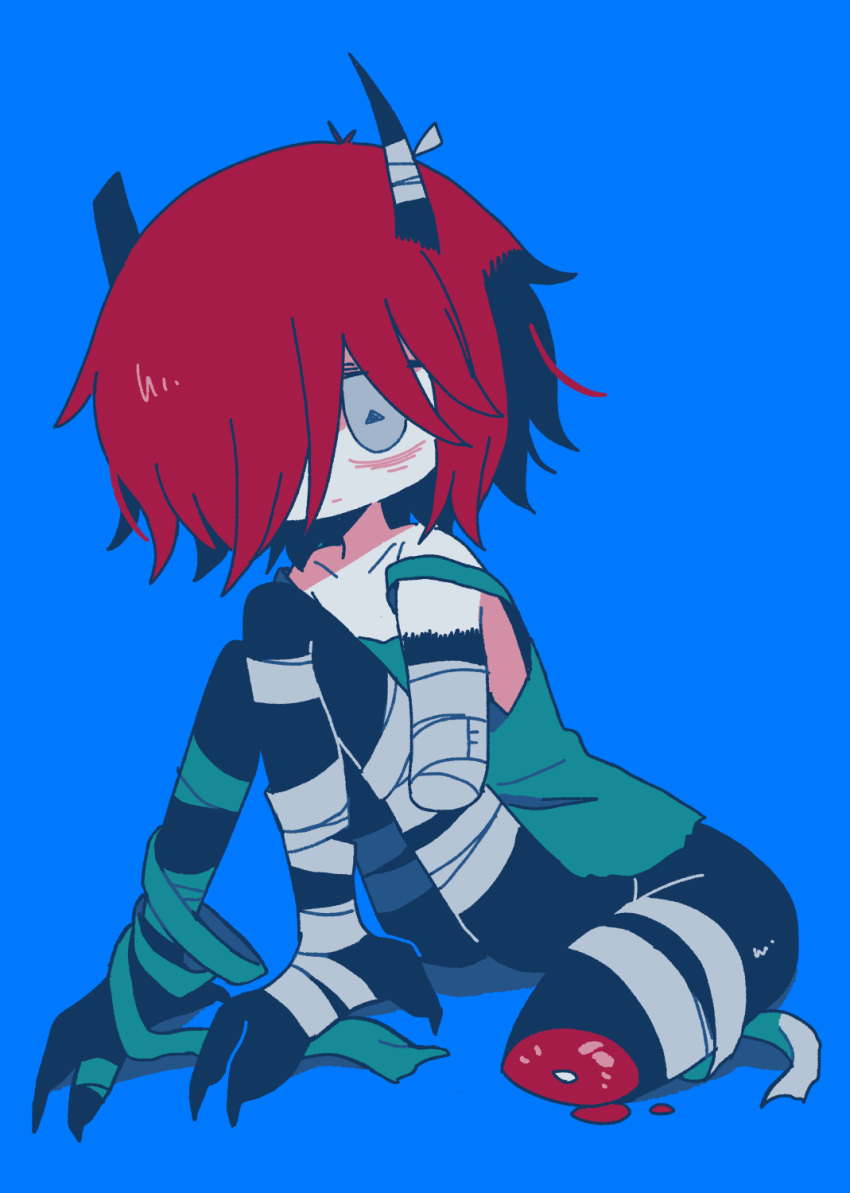 1other amputee animal_feet bandaged_arm bandaged_horn bandaged_leg bandaged_tail bandages bare_shoulders black_horns blue_background broken_horn claws delta_sanen_(yaigi) fewer_digits full_body green_shirt hair_over_one_eye highres horns injury knees_up looking_at_viewer original other_focus red_hair shirt short_hair simple_background sitting solo symbol-shaped_pupils triangle-shaped_pupils yaigi