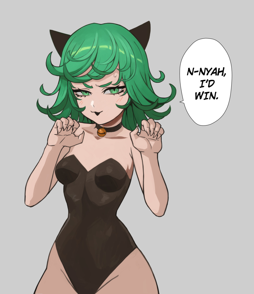 :o absurdres animal_ears bell black_choker black_leotard blush breasts brown_leotard cat_ears choker claw_pose english_text female fingernails green_eyes green_hair grey_background groin highres kittysuit leotard medium_hair meme mogglebear nah_i'd_win_(meme) neck_bell nontraditional_playboy_bunny one-punch_man pantyhose sharp_fingernails simple_background smile solo speech_bubble sweat tatsumaki